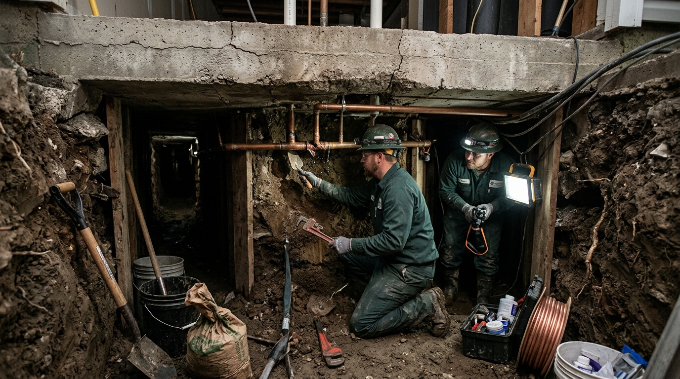 Underground slab leak repair and tunneling